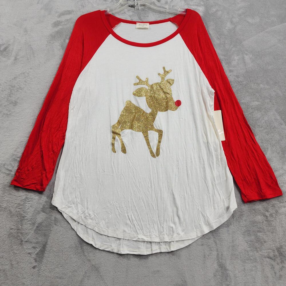 NEW Free Kisses Shirt Womens 1X White Red Gold Reindeer Glitter Raglan Tunic Top